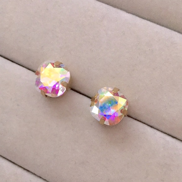 Aurora Borealis + Brass Cushion Cut Crystal Earrings - Picture 5 of 9